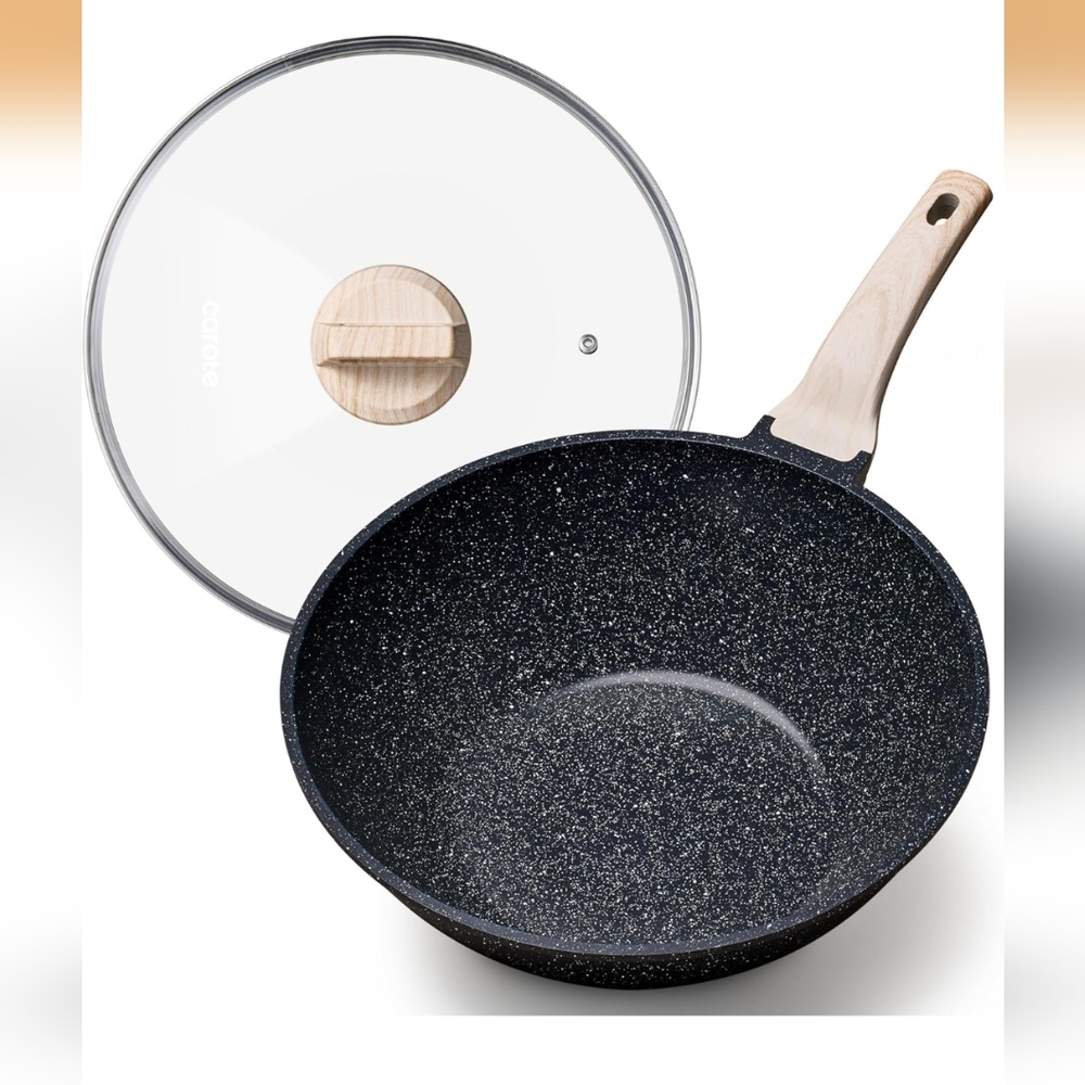 CAROTE Non Stick Wok with Lid 12''/5.3QT Woks & Stir-fry Pan Nonstick Granite